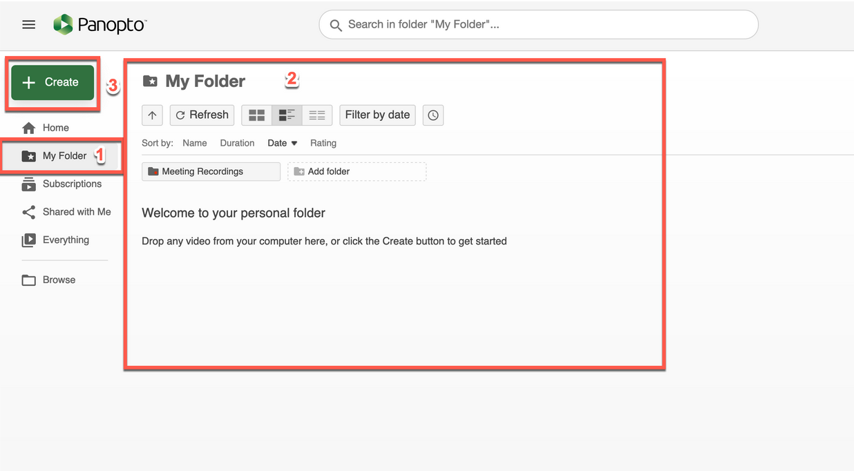 ponting out the My Folder in Panopto account
