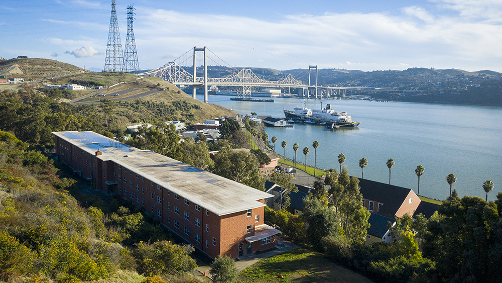 Hillside campus shot looking toward the bridge