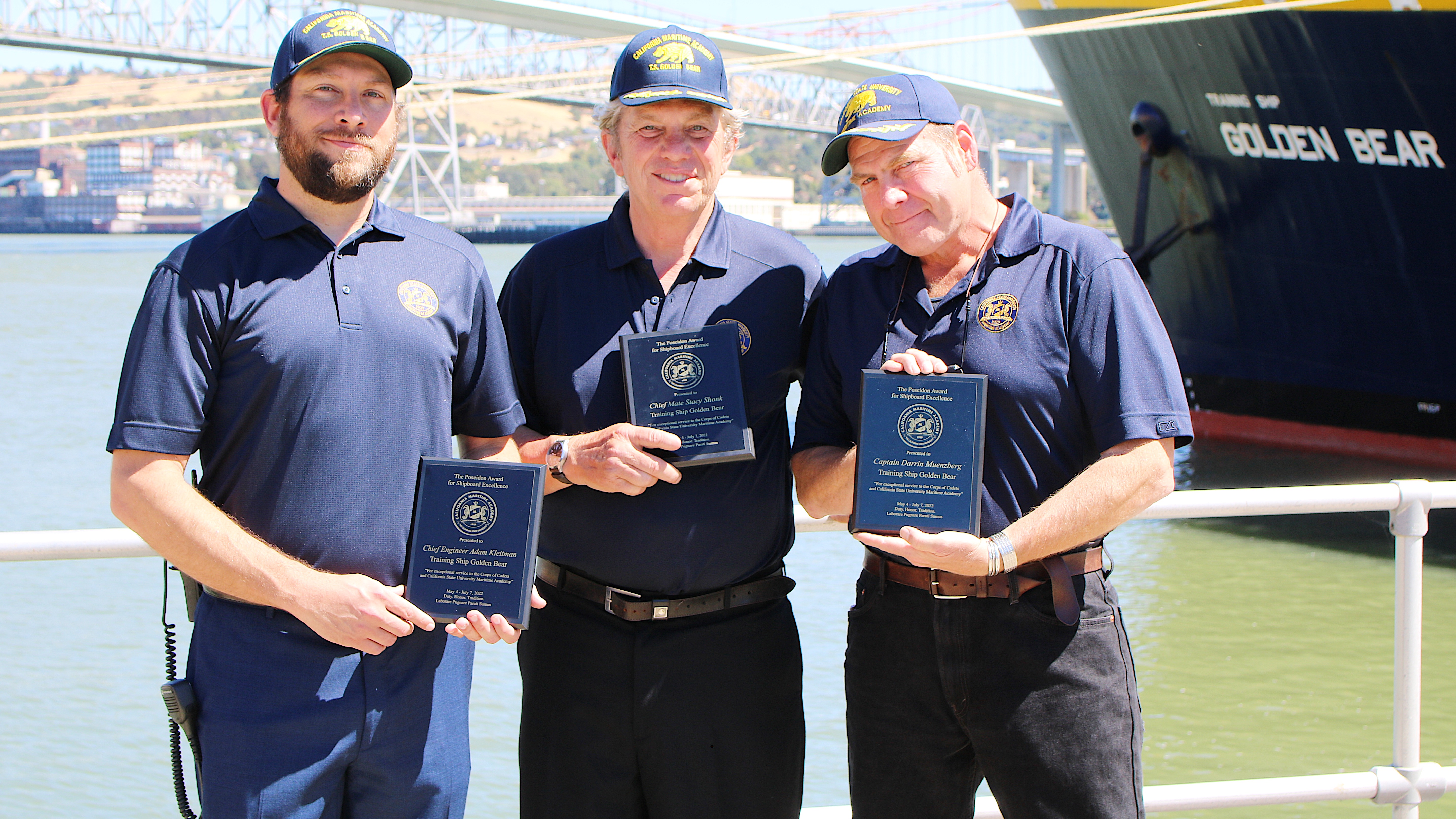 Many thanks to our Alumni "Triad" Crew for ensuring a safe and memorable 2022 #TSGB Summer Cruise. Chief Engineer Adam Kleitman (’12) [L], Chief Mate Stacy Shonk (’81) [M], & Captain Darrin Muenzberg (’96) [R]