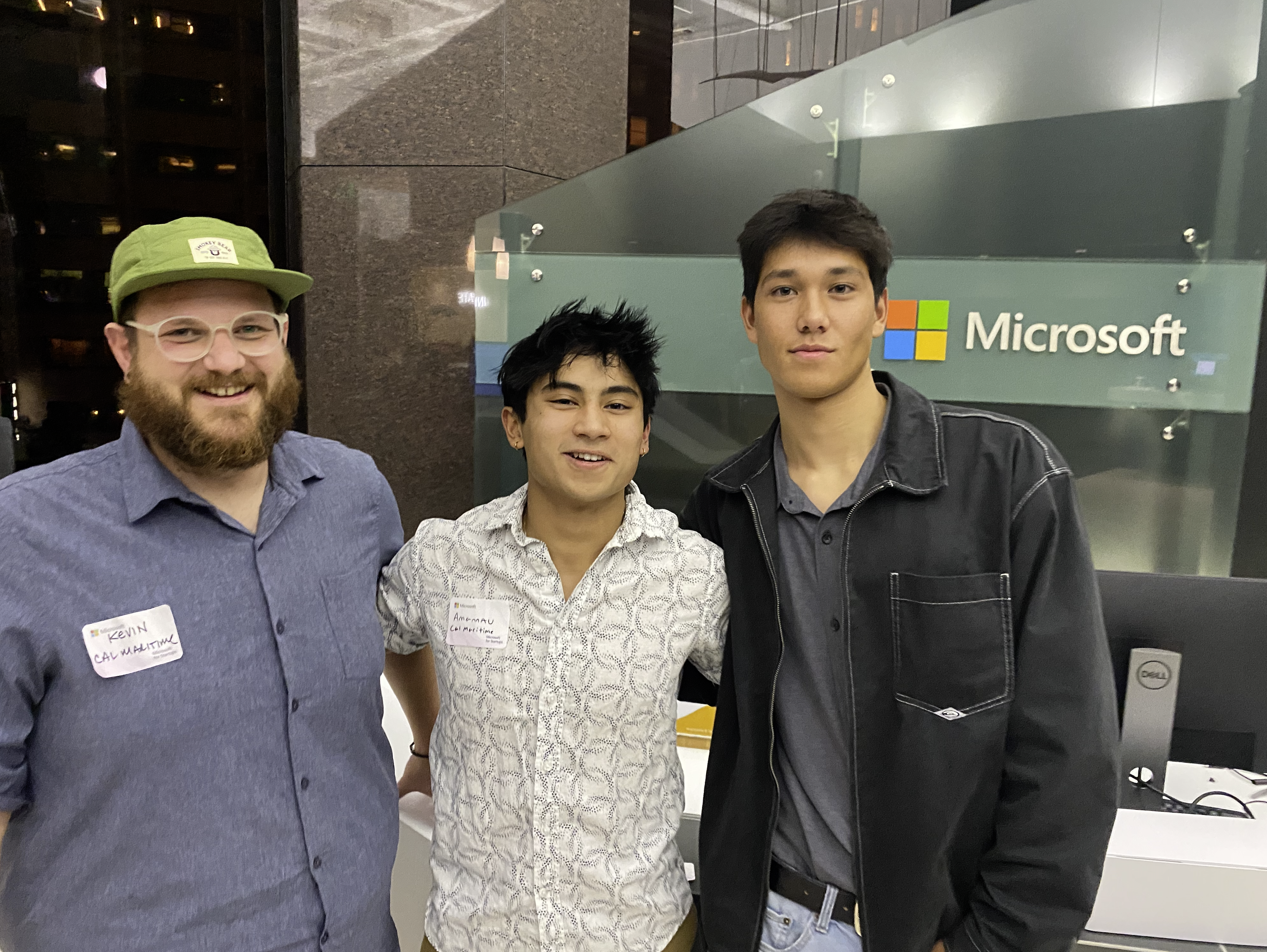 Cal Maritime cadets 2/C Amann Au, 2/C Reef Hugoboom, and Professor Kevin Calnan at Microsoft Reactor in San Francisco, California.