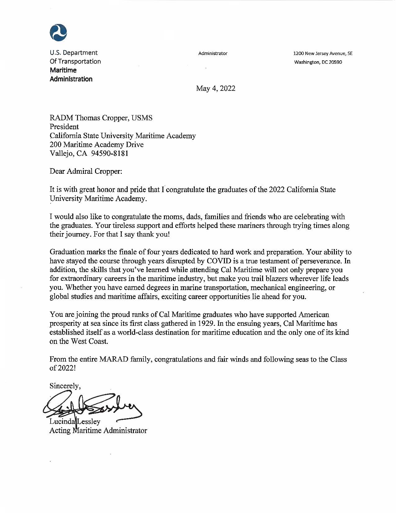 Image of Congratulatory Letter from Lucinda Lessley, MARAD Acting Maritime Administrator
