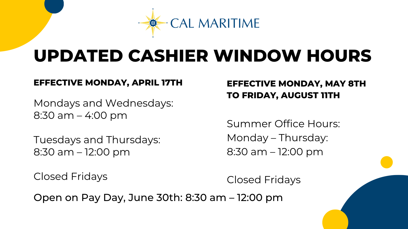 πΈ Cashier window hours have been updated! Click here for more info on fiscal services
