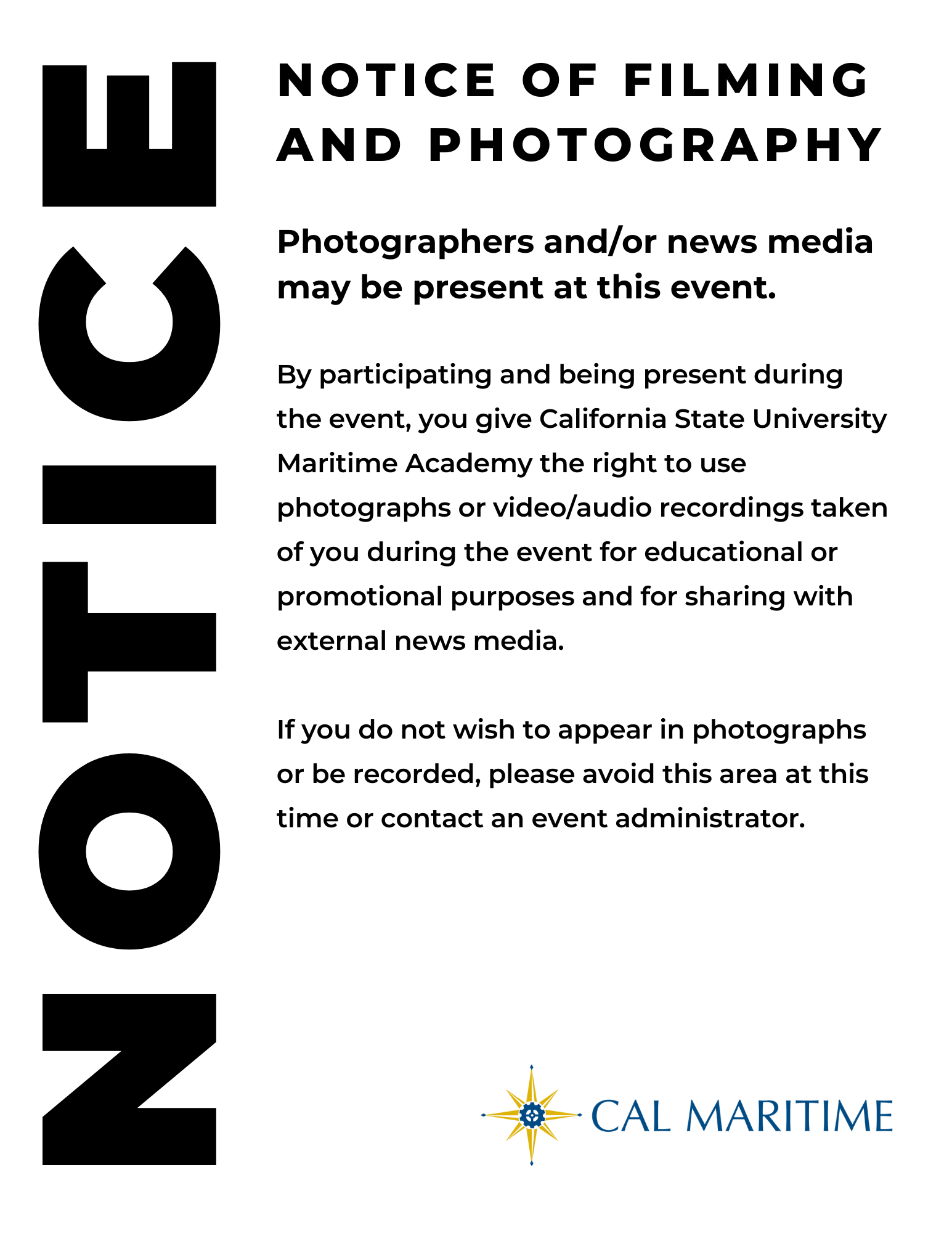 NOTICE OF FILMING AND PHOTOGRAPHY - LETTER BLACK