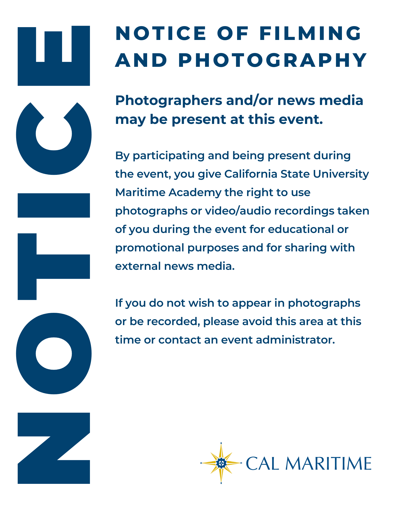 NOTICE OF FILMING AND PHOTOGRAPHY - LETTER BLUE
