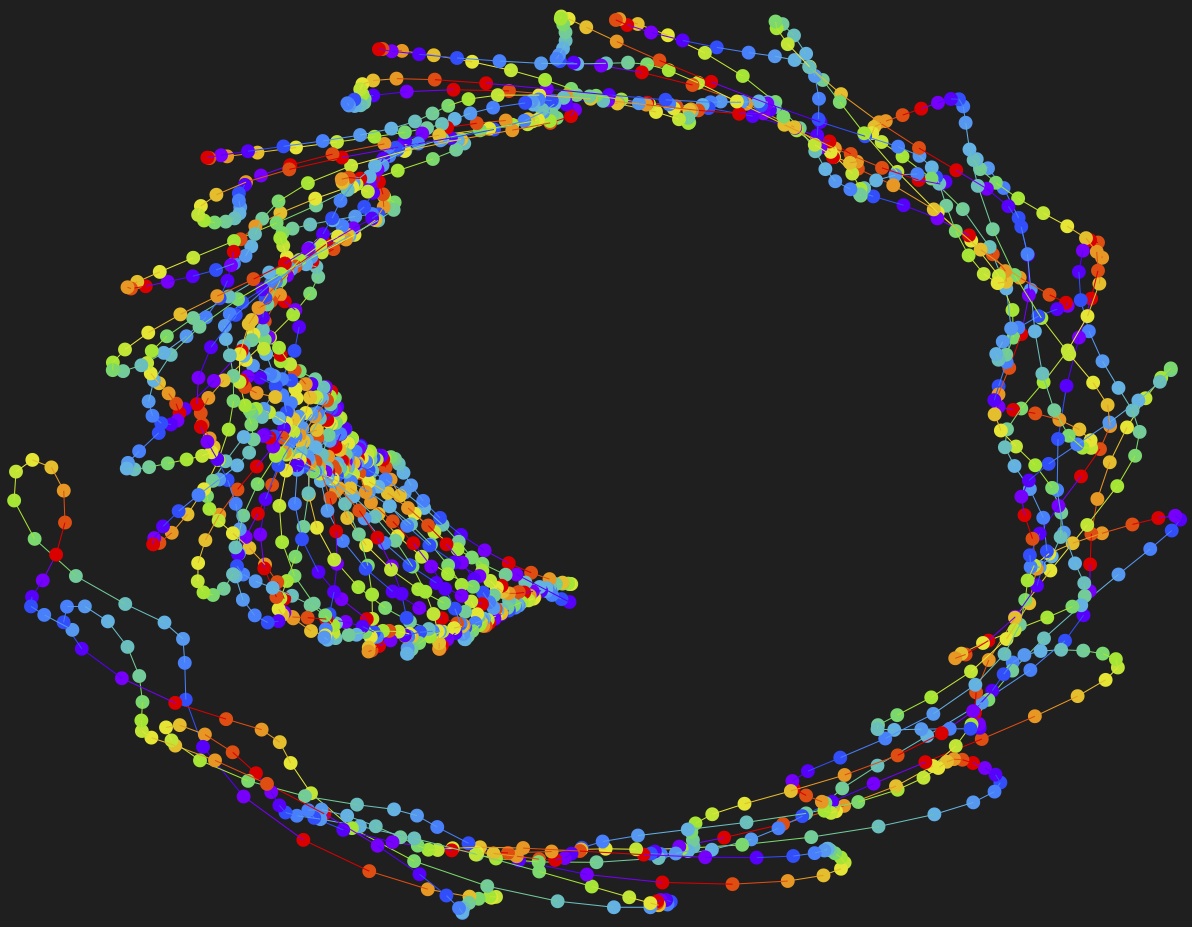 Points depicting sperm trajectory over time.