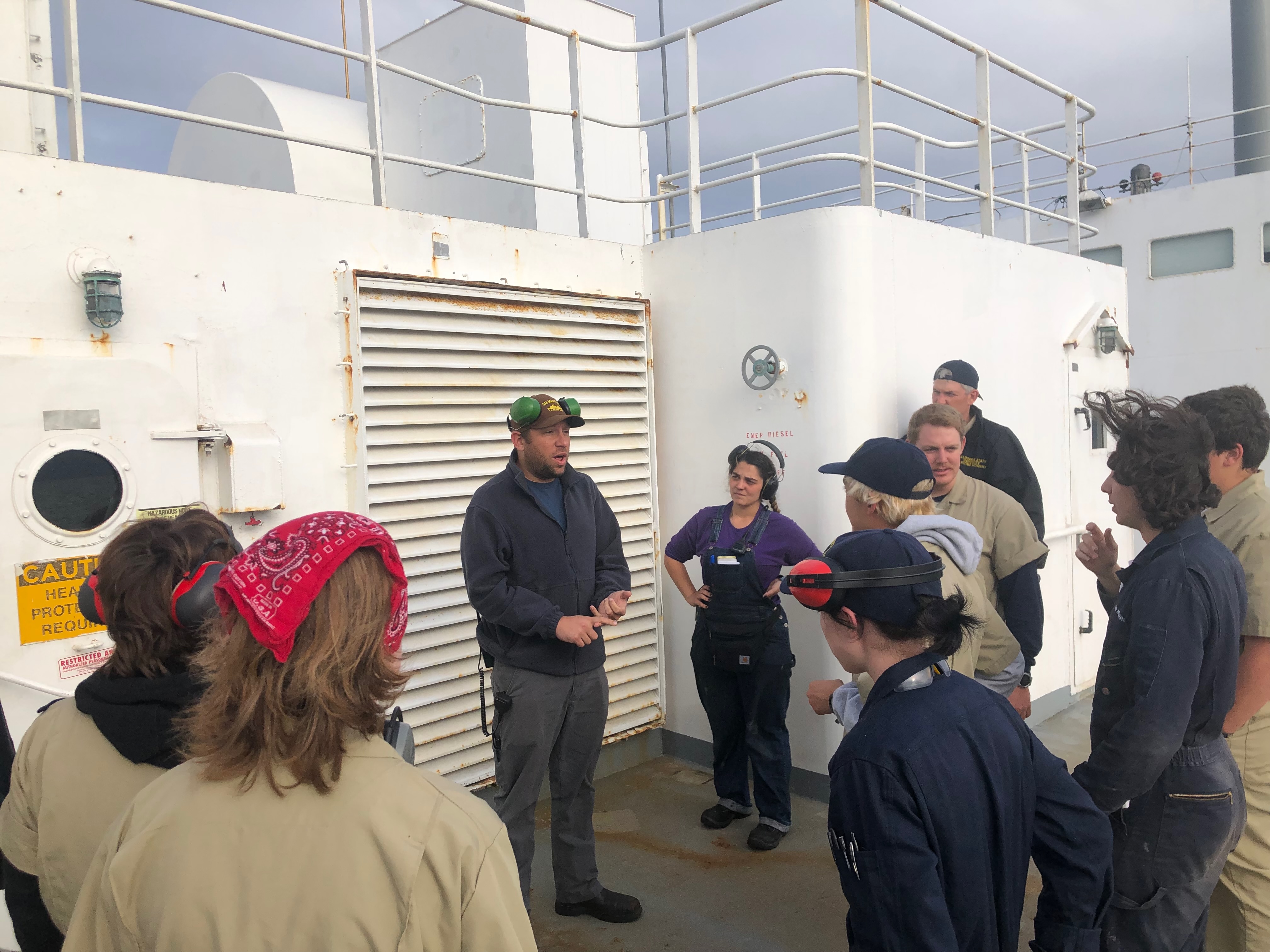 Chief engineer Adam Kleitman debriefs eveyone on why there is an emergency diesel generator test