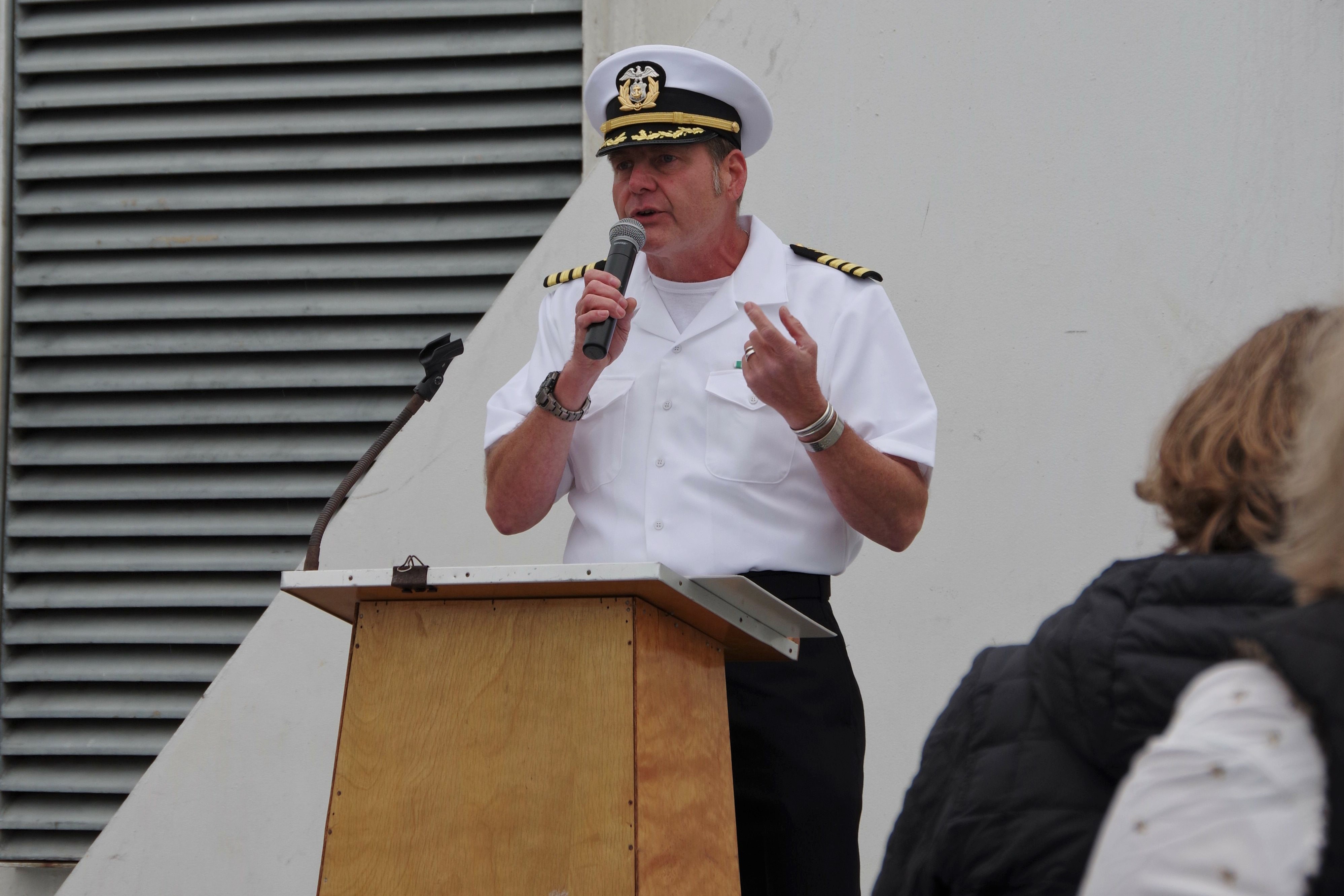 Captain Muenzberg makes a speech about the Cal Maritime Family- Photo credit- Emily Robison