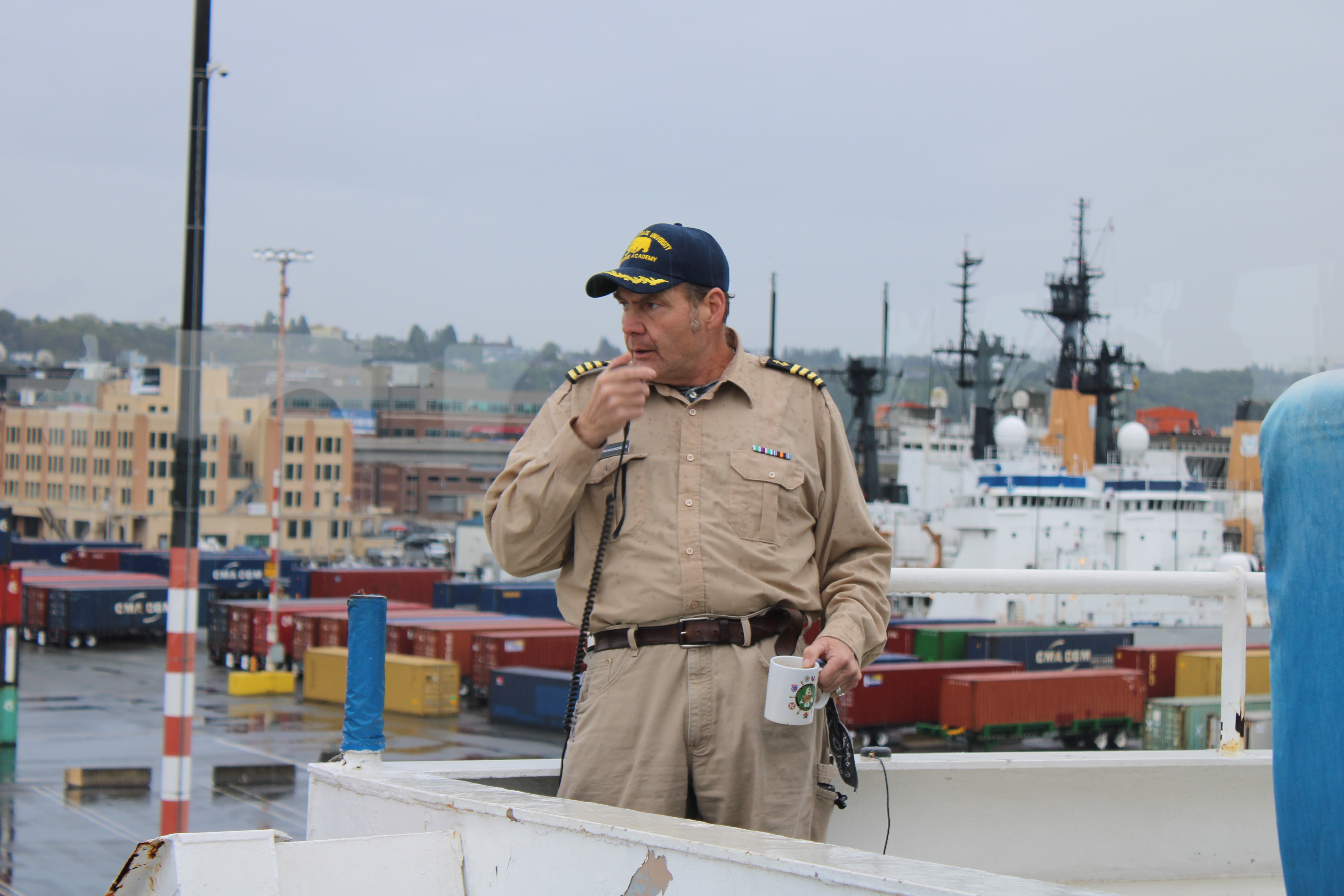 Captain gives orders to “let go the stern lines “