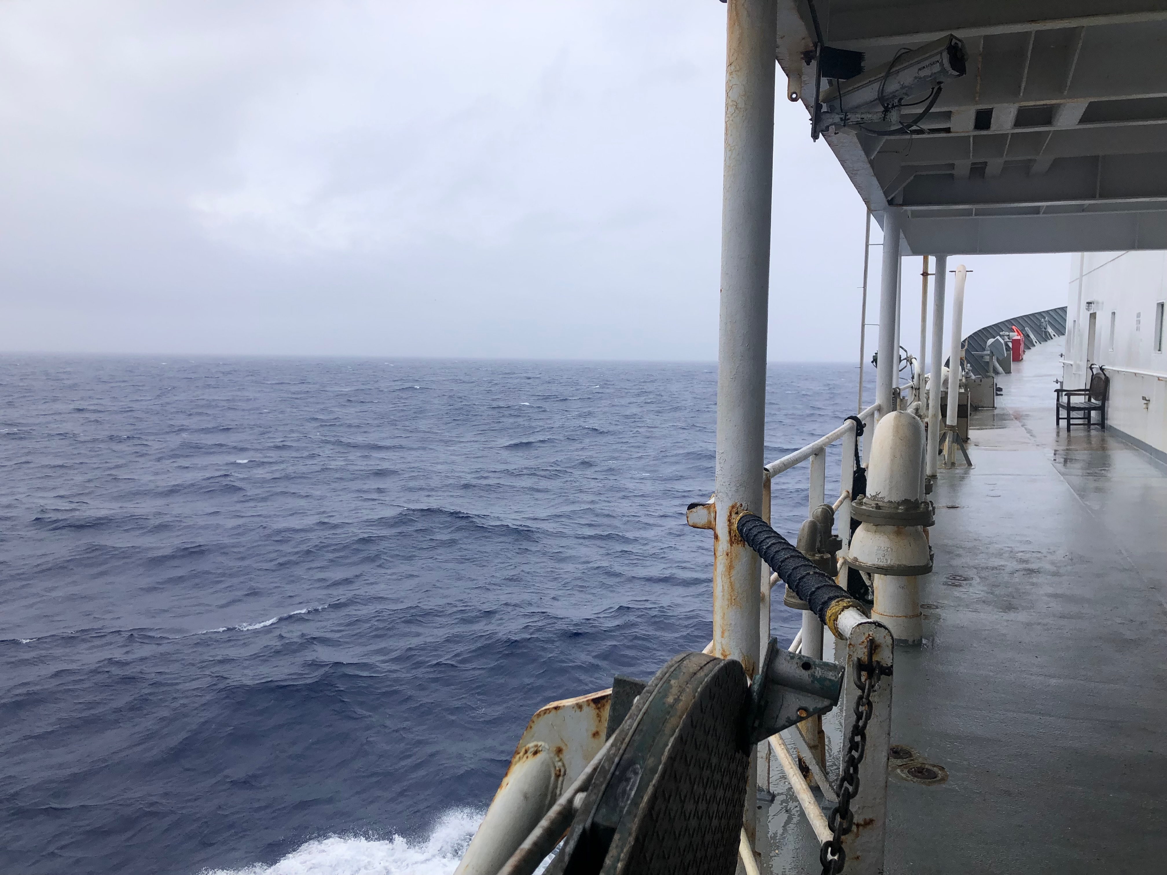 View of  Pacific Northwest waters under the “marine layer” from the port side Quarter deck