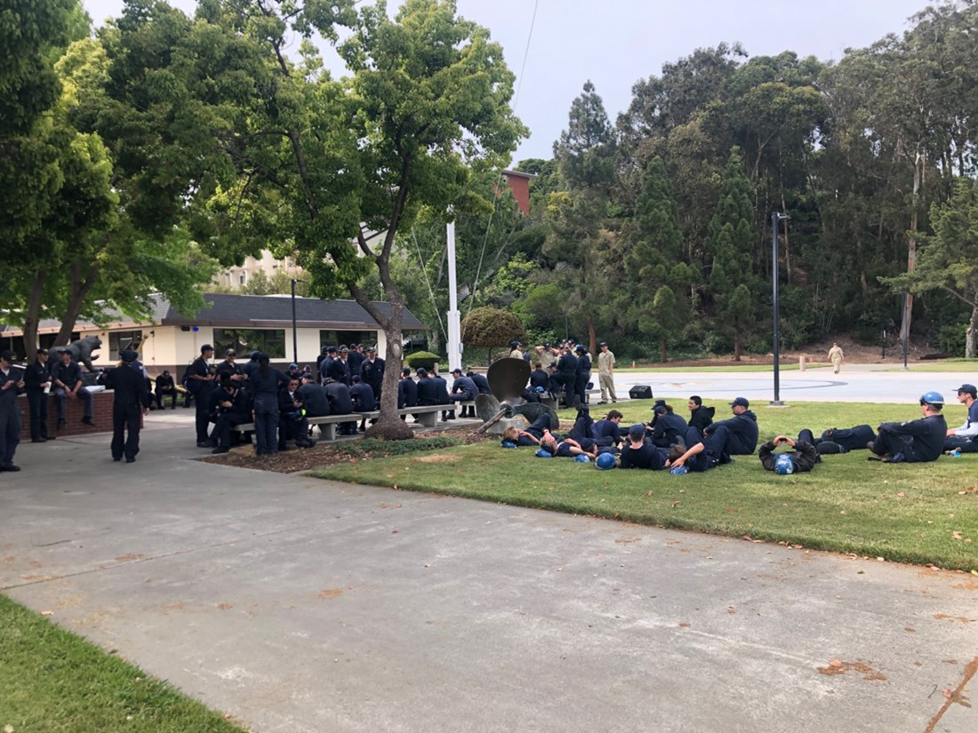 Everyone relaxing in the shade before being released for the day